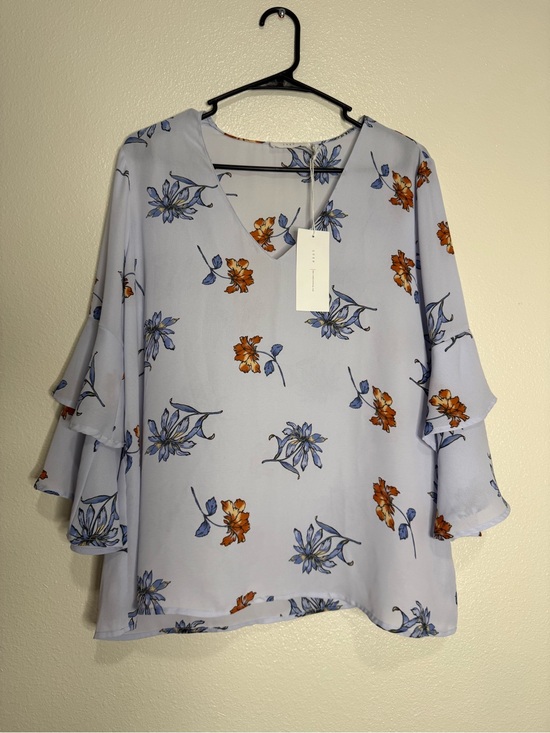 Lush Tops - LUSH Top Large Blue Floral Bell Sleeve V-Neck Sheer Blouse